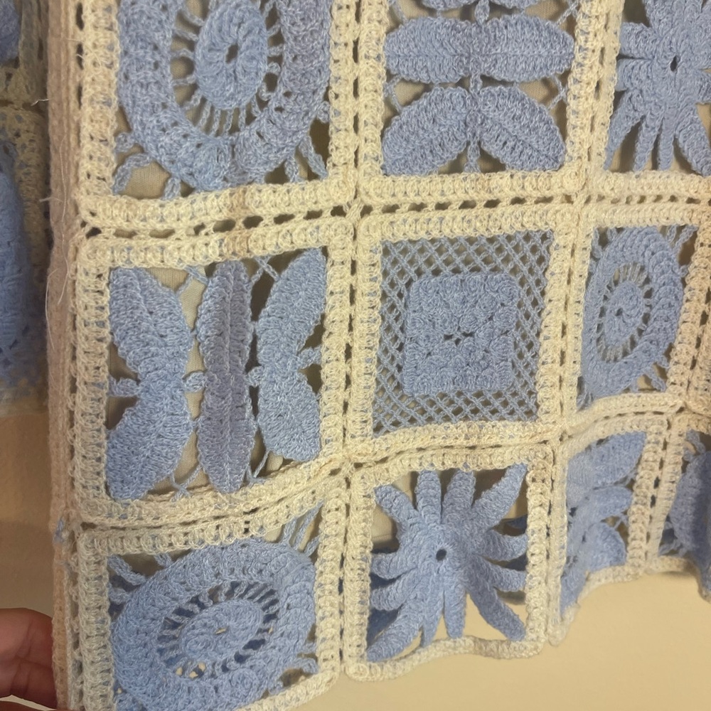 Ivory Crochet Lace Mini Dress S Granny Square Patchwork Boho Cottagecore Retro - Picture 8 of 14